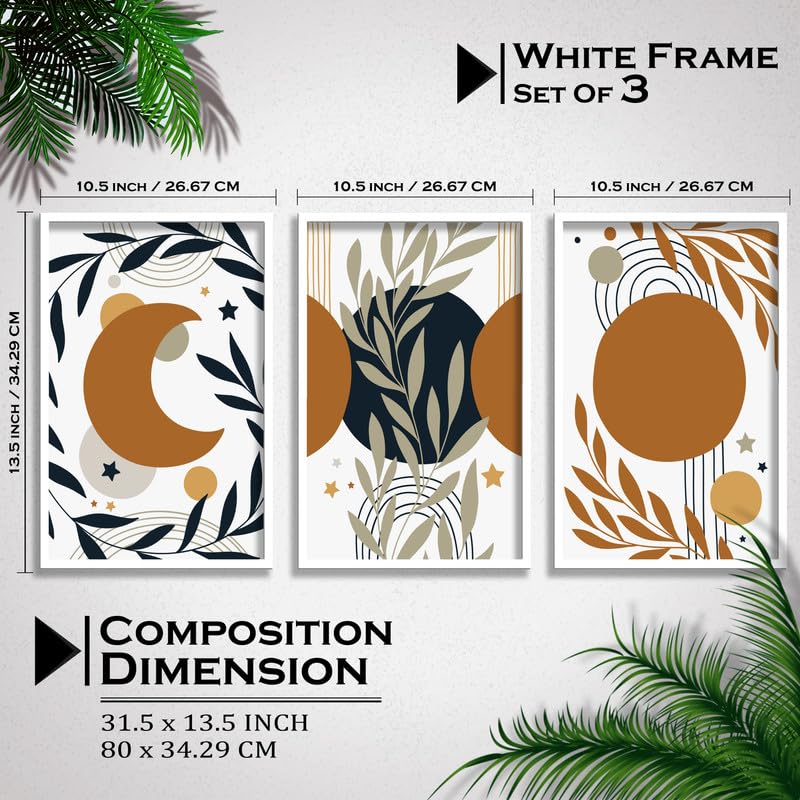 SAF paintings Set of 3 abstract flower Boho modern art design Premium white Framed Bohemian wall painting for for Wall, Home and Living Room Decoration 80 cms x 34.29 cms COMBO-2238-K3