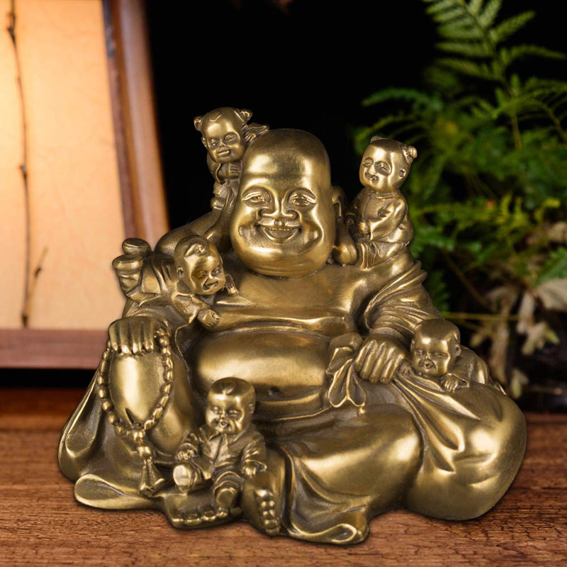 Brass Statu Chinese Fengshui Laughing Buddha Sitting with 5 Children Statue Attracting Happiness in Family Decoration Collection ZD066