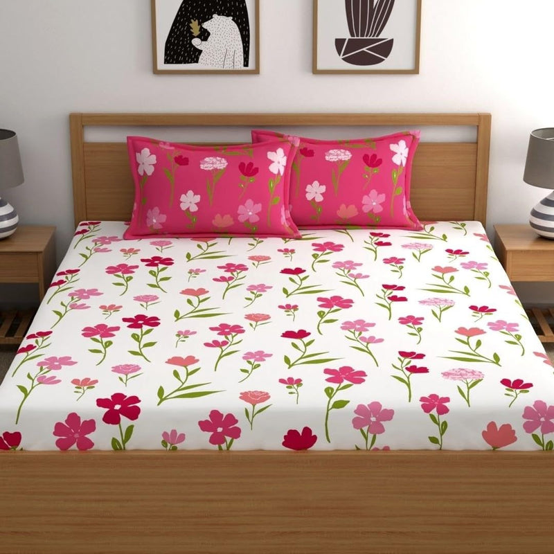 Dreamscape 100% Cotton Satin King Bedsheet with 2 Pillow Covers | 200 TC Floral Dark Pink for King Bed (8.3ft X 9ft)