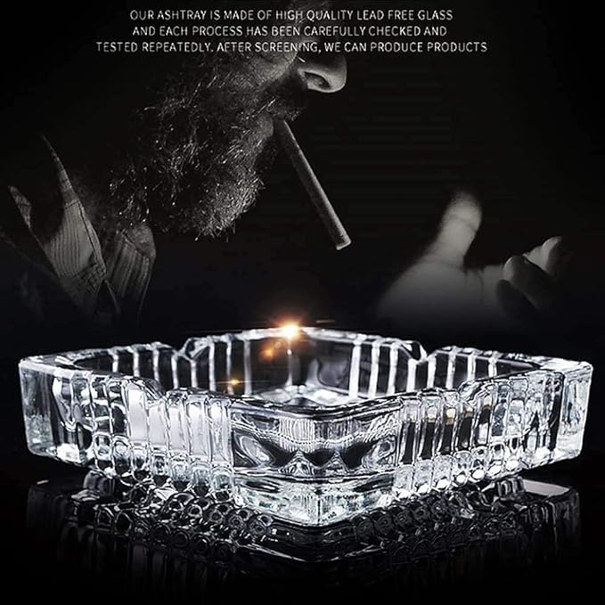 VINCENZO Crystal Glass Square Shape Tabletop Ash Tray Glass Ash Tray for Cigarette, Cigar Smoking for Home, Car, Balcony, Crystal Clear Big Size Square Ash Tray Box Glass Ash Tray (Pack of1)