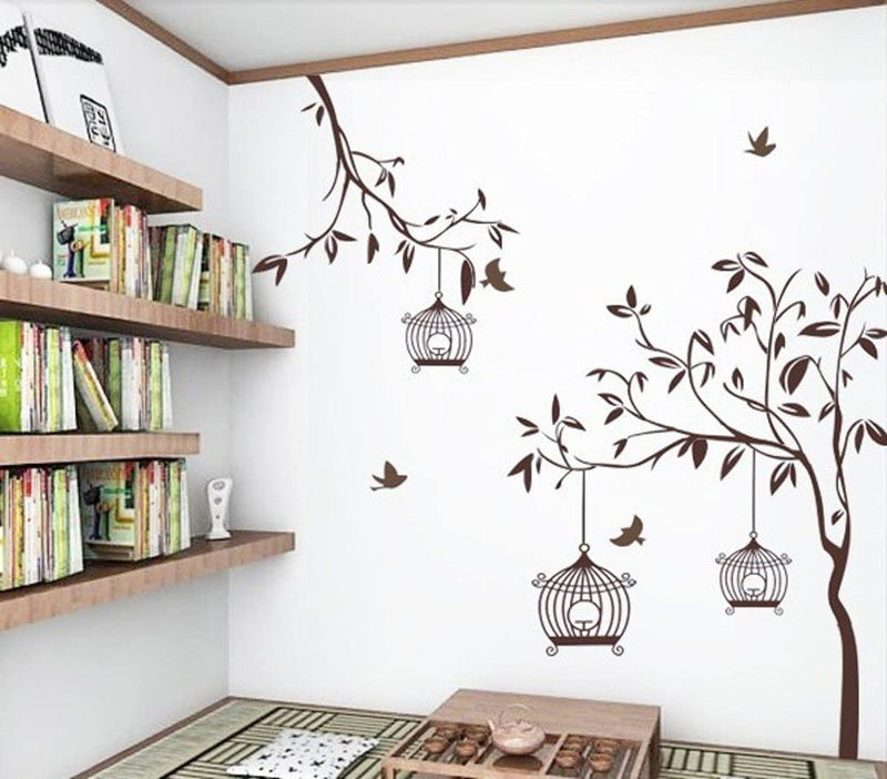 Walltech Set Of 2 Wall Sticker Branches And Cages Free Bird Cage Brown (Polyvinyl Chlorideself-Adhesive, Wall, 5 Cm, 50 Cms)