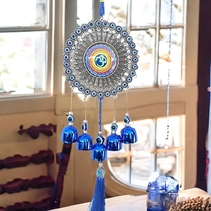 VEDAVIBES Om Wind Chime for Home & Office Main Door Entrance Wall Hanging for Positive Vibes & Removes Negative Energy Nazar Battu Evil Eye (34 cm Height) (Metal, Blue)