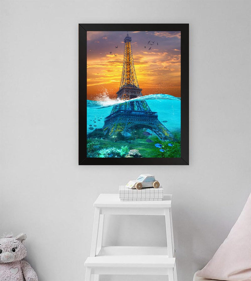 GADGETS WRAP Printed Photo Frame Matte Painting for Home Office Studio Living Room Decoration (11x17inch Black Framed) - Eiffel Tower Under Sea View