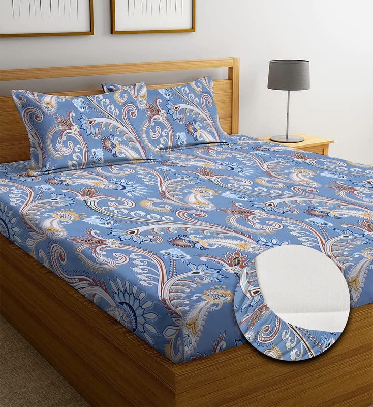 CHECK&MATE Premium Cotton Elastic Fitted Bedsheets with 2 King Size Pillow Covers | Double Bed with All Around Elastic 180 TC Supersoft |Size-72x78x10 inches | - Blue Jaipuri