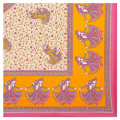 HZAR ART Queen Size Premium 100% Cotton Bedsheet for Double Bed with 2 Pillow Covers | 240 TC Flat Sheet | Jaipuri Print Double BedSheet Cotton (Tangerine,90 X 100 Inches) SSBS104