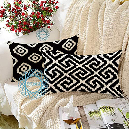 STITCHNEST Black Geometrical Ikat Ethnic Printed Poly Cotton Cushion Covers, Black Set of 2 (12 x 18 Inches)