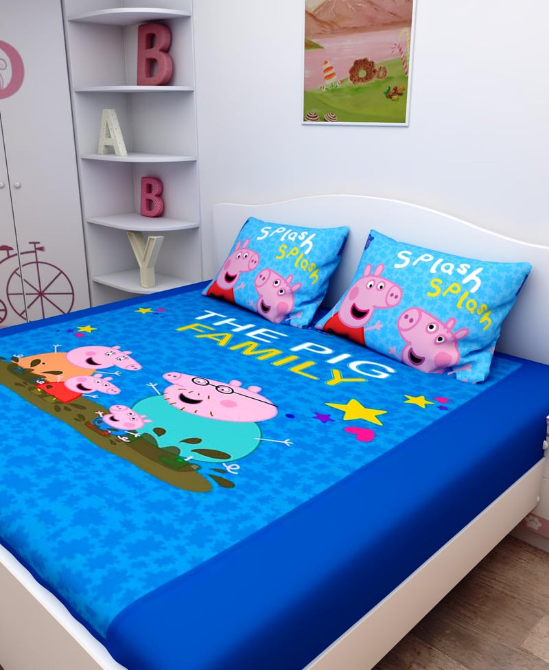 Athom Living Peppa Pig Printed Cotton Kids Double Bedsheet 270x270 cm with Pack of 2 Pillow Covers