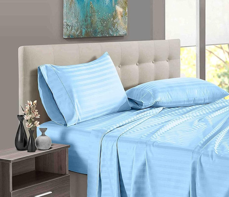 Easy Bedding Ultra Soft & Breathable 3 Piecce Fitted Bedsheet Set- 600 TC Fitted Bedsheet with 2 Pillow Cover- Fully Elasticized Fitted- 100% Cotton Bedsheet-Light Blue Stripe,King Size