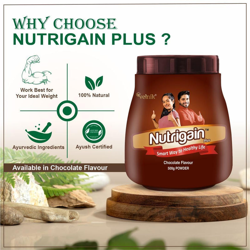 Nutrigain Plus Ayurvedic Weight Gainer Supplement Powder for Men Women and Adults with Natural Ingredients to Improve Stamina, Appetite and Overall Wellness 500 gm (Chocolate Flavour)