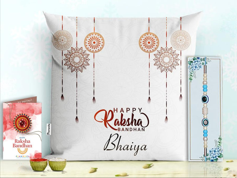 Pillow Rakhi for Brother with Gift - Rakhi with Rakhi Cushion with Filler Greeting Card- Rakhi for Brother, Gifts for Brother, Gifts for Rakhi, Gifts for Rakshabandhan Rakhi Gifts-PC-CU-00