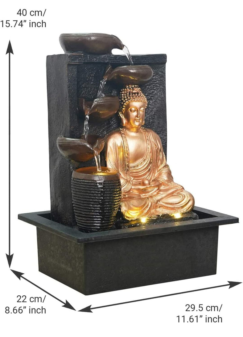 SOUL CREATIONS 4 Steps Attractive Brown Golden Diya Buddha Water Fountain with LED Light (Polyresin)- LxBxH-(30x22x40)cm