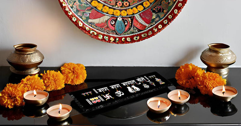 Chaitrangan Art Granite Rangoli 12 Inch X 3 Inch Gan Gan Ganat Bote, Paula, Swastik, Om, Tulsi, Shankh, Traditional for Home Décor, Pooja Mandir, Door Entrance