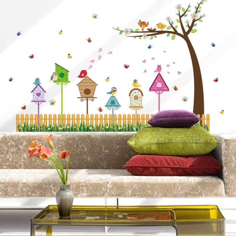 JAAMSO ROYALS Cartoon Bird Nest House Tree Branch Decorative Self Adhesive Peel and Stick Vinyl Kids Room Décor Wall Sticker