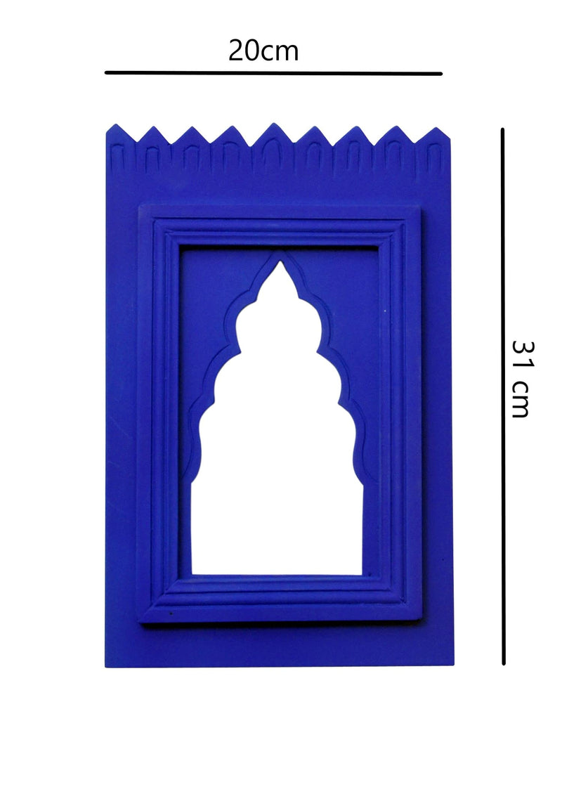 WHF Wood Painted Wall Hanging Jharokha Inside Mirror, Wooden Wall Hanging, Wooden Wall Panel (1 Piece, Blue) Rectangular, Framed