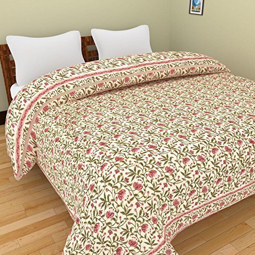 OCEANFAB 400 TC Pure Cotton Traditional RajasthaniPrint Double Bed Quilt (Double_Beige)