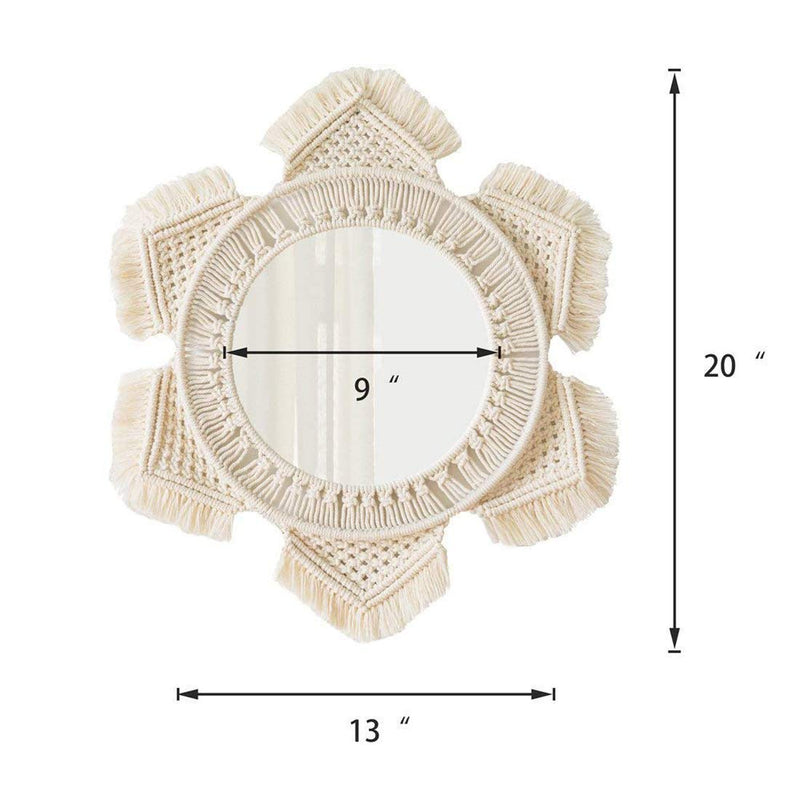 Waterlily House's Macrame Cotton Fringe Boho Round Hanging Wall Mirror (Off- White, Framed)