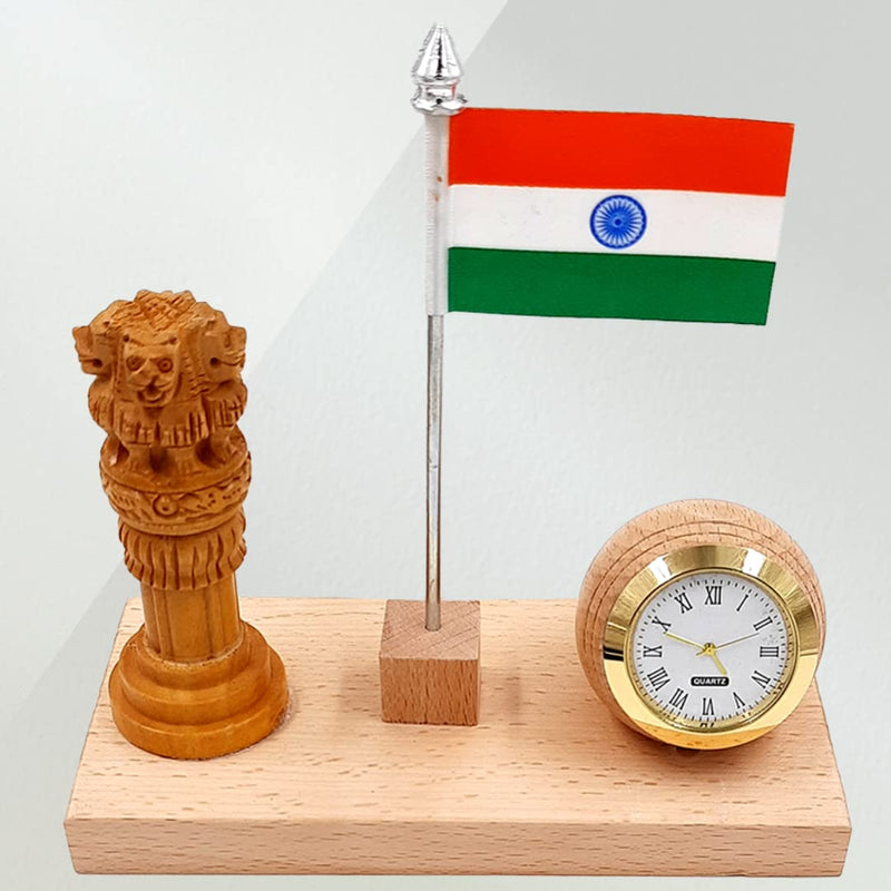 WOOD HOUSE Woodhouse Flag Stand for Office Table, Wooden Flag Stand with Ashoka Pillar & Clock, Wooden Flag Stand with Clock for Office Table Stylish (WH-55)