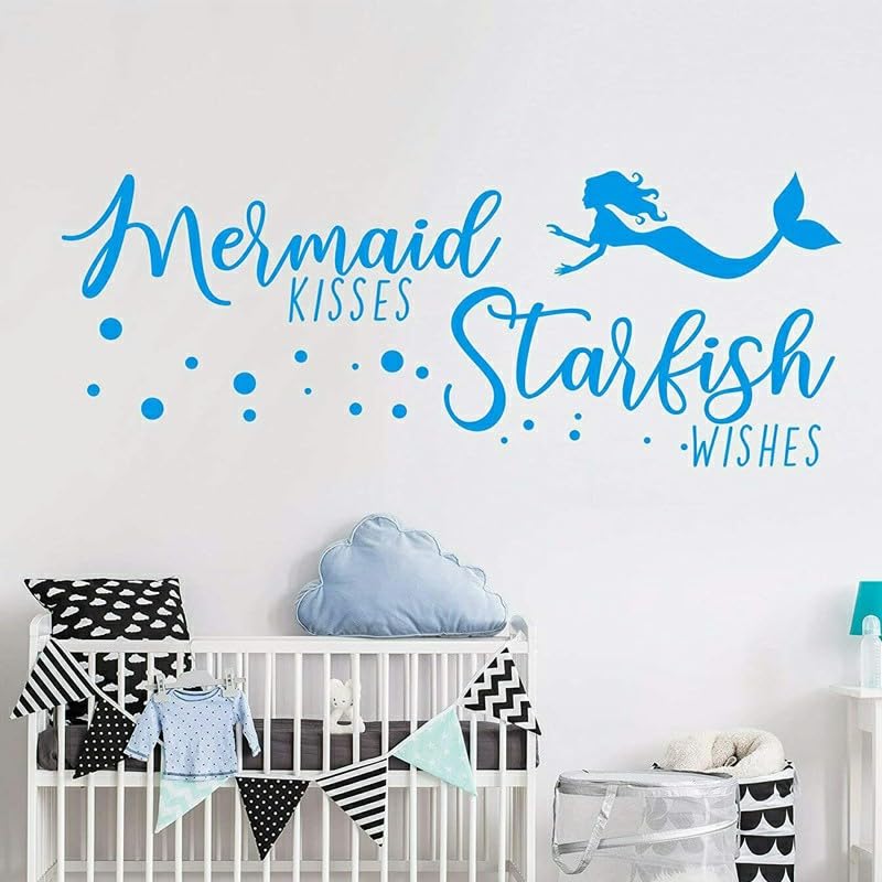 GADGETS WRAP Vinyl Mermaid Kisses Starfish Wishes Quote Wall Decal Blue