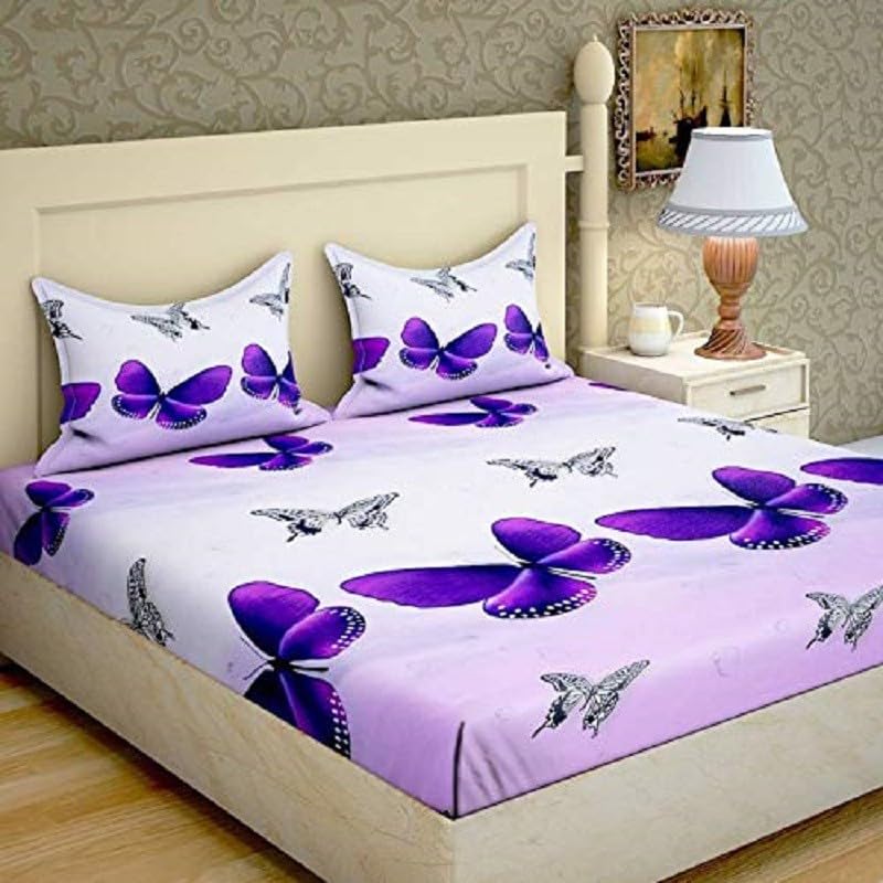 NISH Craft Bapoli fab 144 TC Microfiber Double Floral Fitted (Elastic) Bedsheet (Pack of 1, White) BUTTERFLY-3D Double