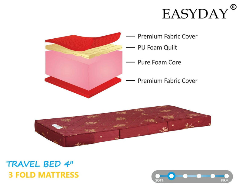 EASYDAY Travel Bed 3-Fold 4-inch PU Foam Single Bed Orthopedic Folding Lightweight and Portable Mattress (Maroon, 72x35x4)| ISO Certified Company