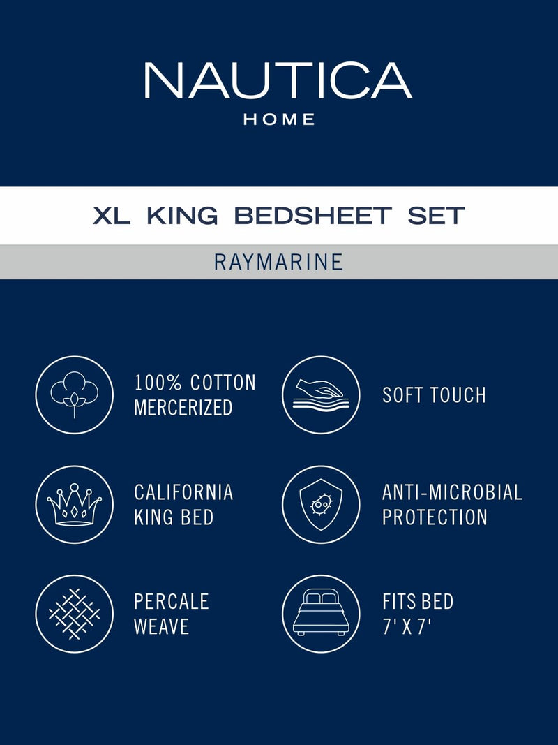 NAUTICA Super Soft 100% Cotton King Bedsheet and 2 Pillow Covers -3pc Set (raymarine) | 160 TC | Dust Proof Layer Added Geometric-Grey/Blue