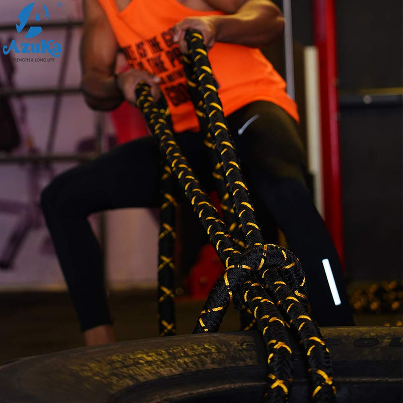 AZUKA® Professional Polydacron Hardcore Ultimate Fitness Strength Training Battle Rope 1.5inch 40ft Full kit (Black Yellow) + Free Surprise Poster Inside