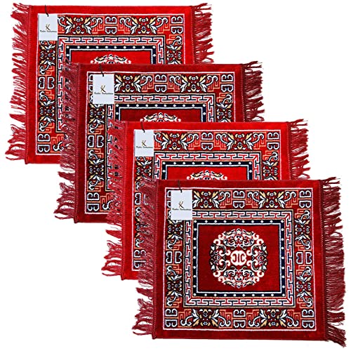 Kuber Industries 4 Pieces Velvet Prayer Square Mat/Aasan/Pooja Mat/Meditation Mat/Multipurpose Velvet Rug Mat 2 Ft X 2 Ft (Red & Maroon) Ctktc33989, Standard