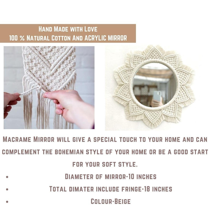 tms Bohemian Reflections Macramé Mirror with Fringe - Off-White, 10 Inch Mirror Diameter, 18 Inch Total Length- 1 Piece