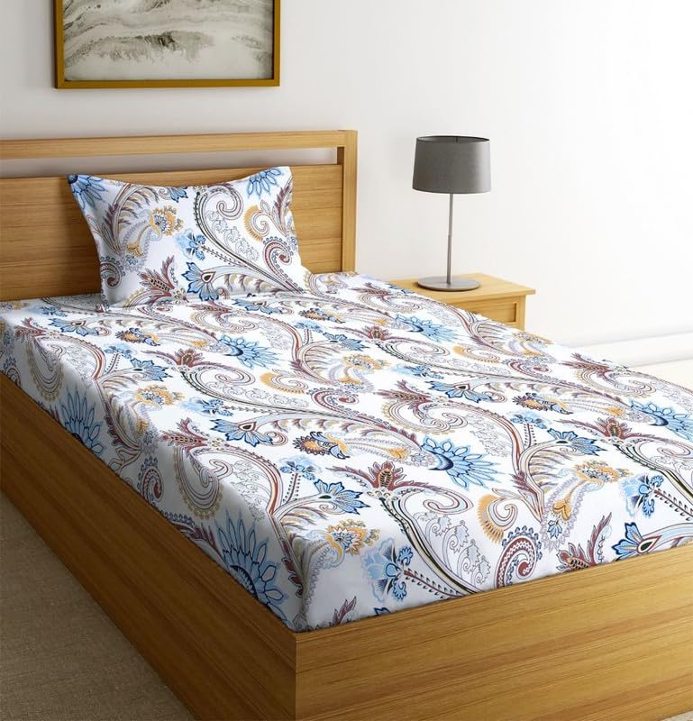 NEW LEAF Glace Cotton 200 TC Flat Single Bedsheets for Summer Breathable | Wrinklefree (Size-60 X 90 Inch) with 1 Pillow Covers (Size-17 X 27 Inches, Traditional Pattren White Blue)