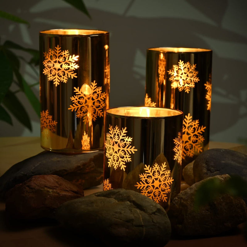 Aaviado® LED Flameless Snowflake Mirror Glass Candles Faux Wick Flickering AA Battery Pillar Candle Set of 3 with Remote Controller 4" 5" 6" for Christmas New Year Home Decor