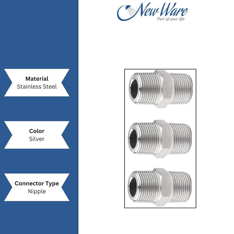 NEW WARE CP Hex Nipple 1/2 Inch to 1/2 Inch Male Threaded SS for connecting two Threaded Pipes or fittings (Pack of 2)