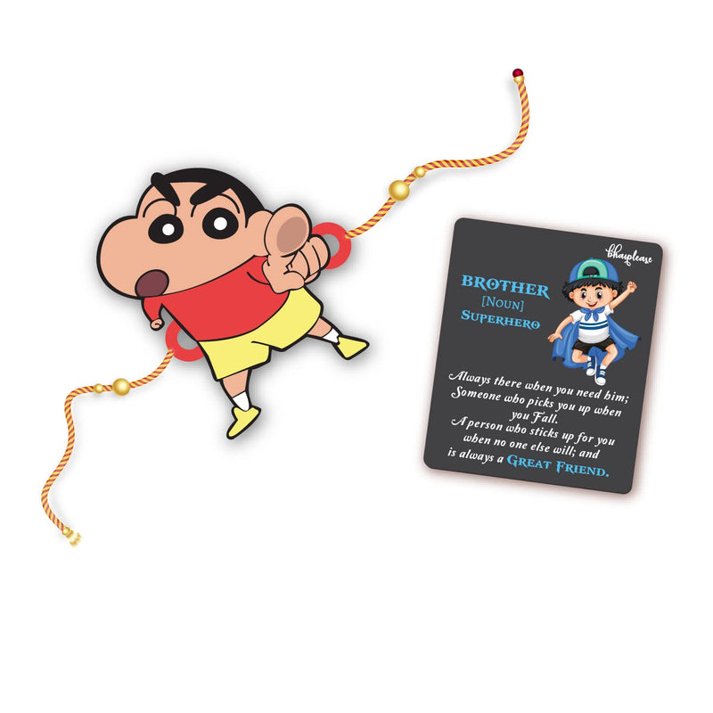 Bhai Please Shinchan Wooden Rakhi with Brother is Superhero Fridge Magnet (Gift Combo for Bhai/Bhaiya) | Set of 1 pc Rakhi with Roli- Chawal and Fridge Magnet | With Raksha Bandhan Greetings