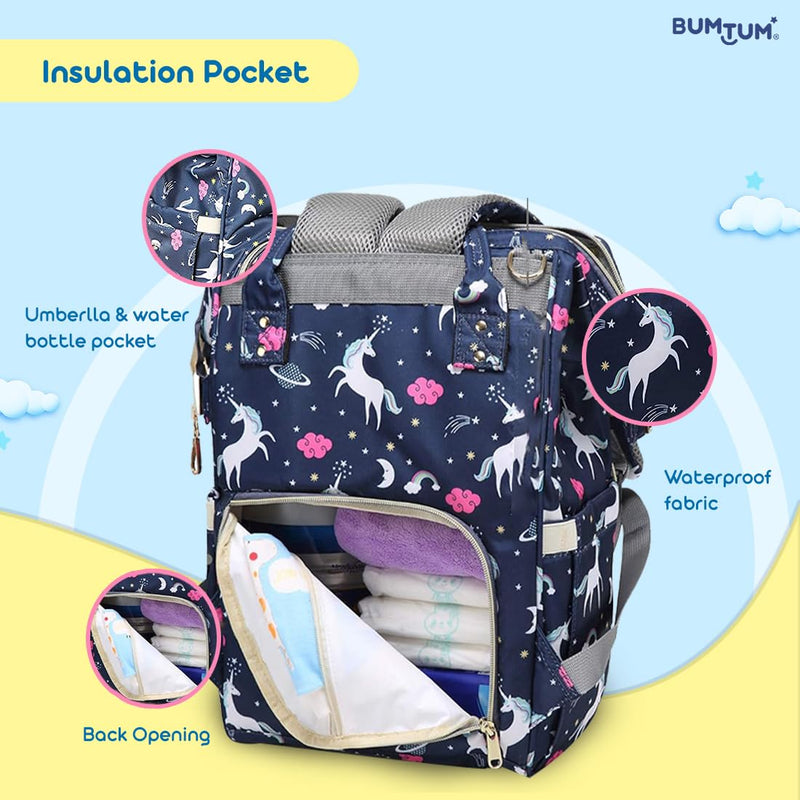 Bumtum Baby Diaper Bag for Mothers | Spacious Waterproof Backpack with Multiple Pockets to Easily Organise Baby Essentials, Various Sized Pockets (Unicon Print, Navy Blue)