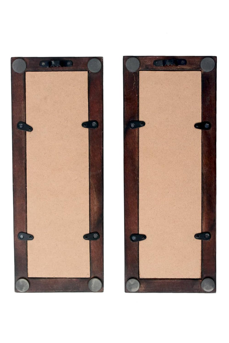 SPACE WOOD Wood Painted Wall Hanging Jharokha Inside Mirror, Wooden Wall Hanging, Wall Panel (12x4) inches Set of Two.(Brown), Rectangular, Framed (Design 2)