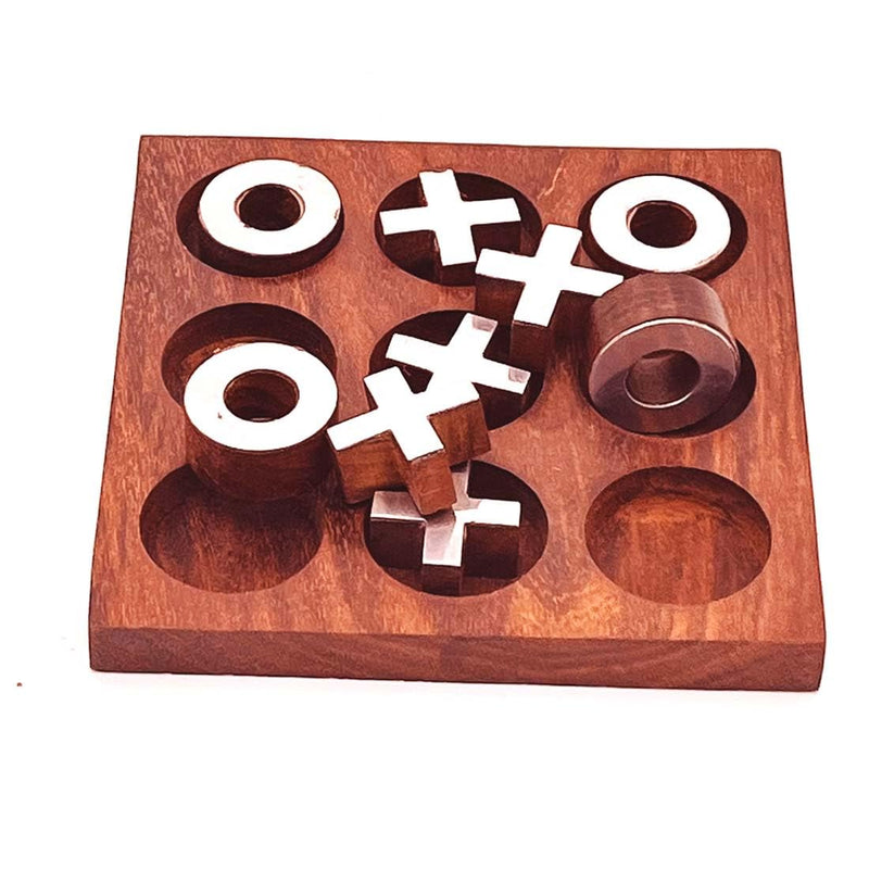 Zyntix Handmade Puzzle Wooden Toys Game Tie-Tac-Toe Silver Game for Kids Wooden Toys Increase Brain Power Traditional Challenging Board Game for Kids and Adults (Round)