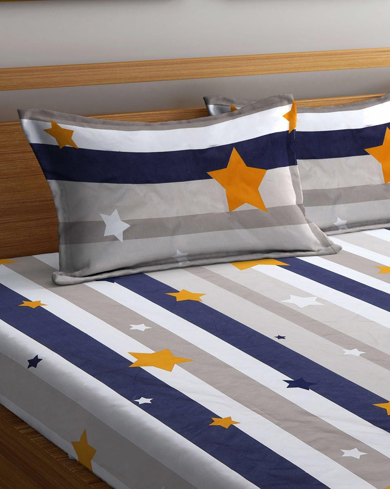 Akshya Queen Double Bed Elastic Fitted Bedsheet for Kids Room | Star Print Bedsheet Double Bed