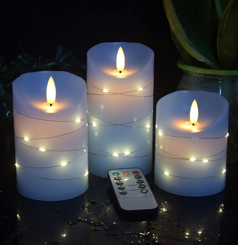 DANIP Sky Blue LED Flameless Candle, with embedded star string, 3-piece set of LED candles, with 11 button remote control, 24-hour timer function, dancing flames, real wax, battery powered. (Sky Blue)