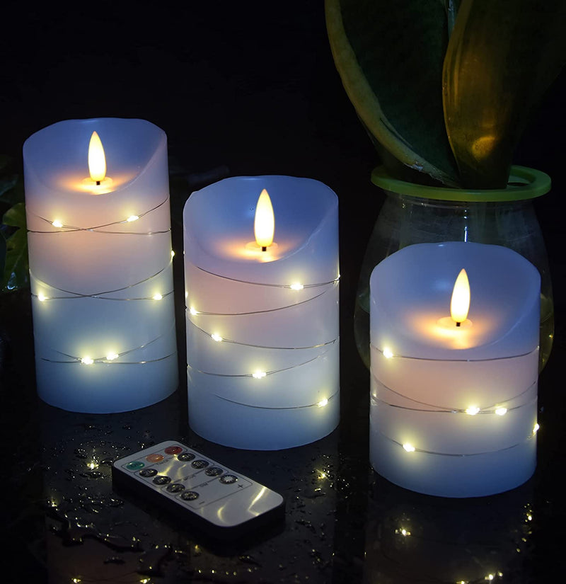 DANIP Sky Blue LED Flameless Candle, with embedded star string, 3-piece set of LED candles, with 11 button remote control, 24-hour timer function, dancing flames, real wax, battery powered. (Sky Blue)