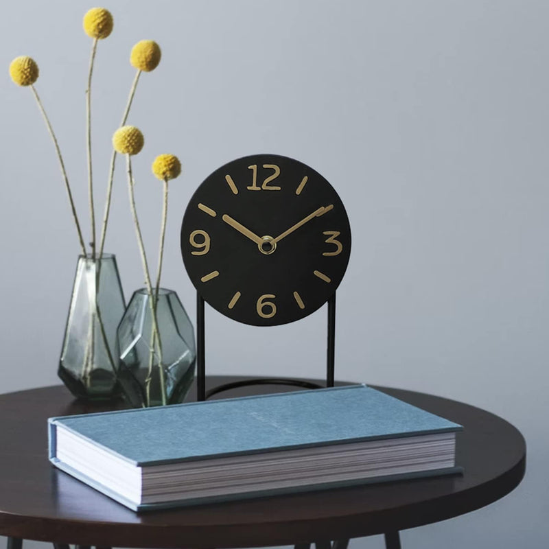 SOFFEE DESIGN Table Clock with Round Base, Iron Silent Desk Clock Battery Operated for Living Room Bedroom Home Decoration, Black