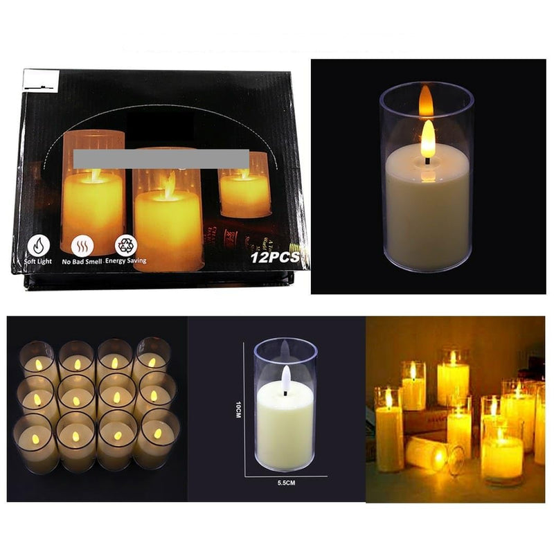 53 Arts LED Glass Cup Pillar Flameless Electric Candles for Home Decor, Birthday Gifting, Wedding and Any Other Decoration Pack of 12pcs