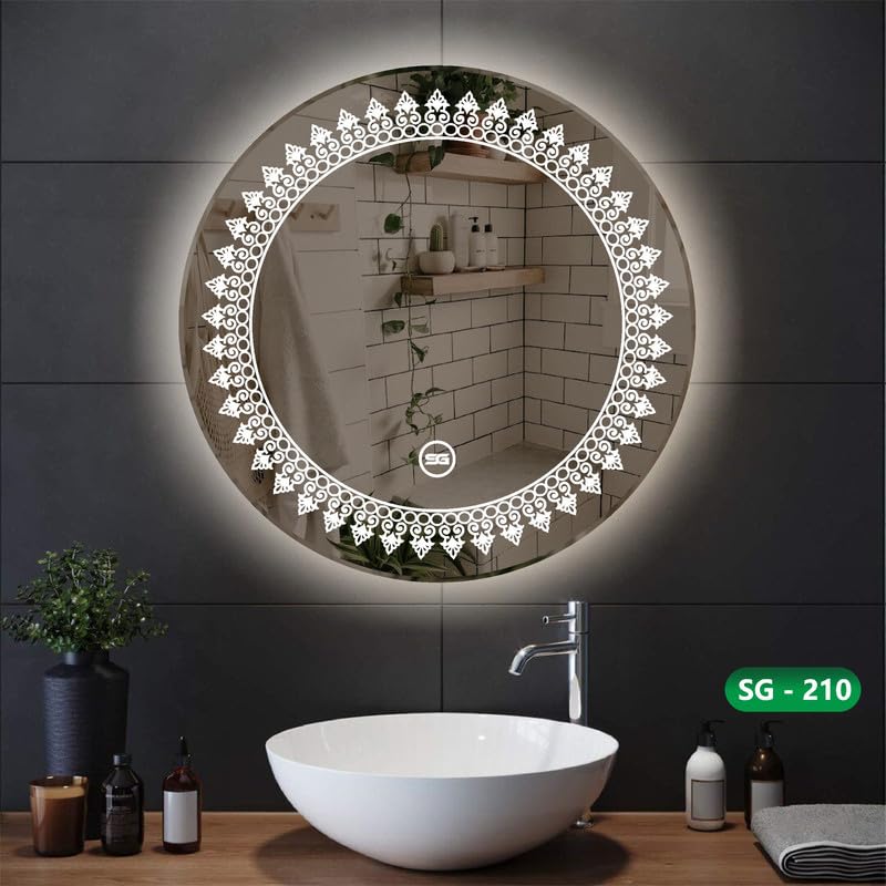 Spark Glass Round LED Sensor Mirror. (LedColour: White, Warm White, & Mix Light) - (Size:21X21 Inch)