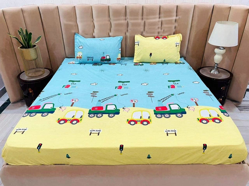 Mosho Yellow 180 TC Glace Cotton Kids Car Crane Cartoon Printed Double Bed Bedsheet with 2 Pillow Covers