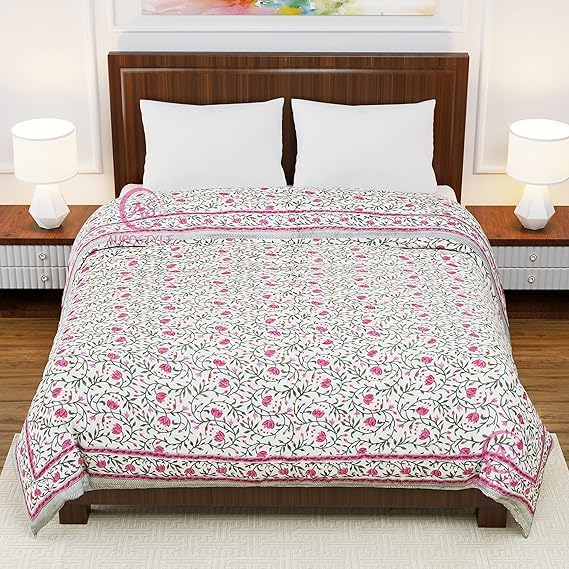 EMIOUR 400 TC Pure Cotton Double Bed Soft Jaipuri AC Quilt/Razai/Rajai Floral Print,Jaipuri razai Double Bed for Winter Printed,(Pink & Green, 85 x 100 inch, Double Bed), Breathable