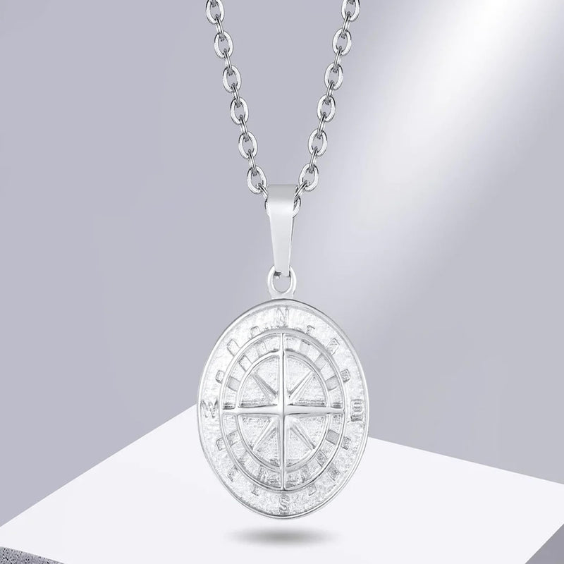 Fashion Frill Silver Chain Pendants For Men Round Pendant Silver Compass Necklace Chain For Men Boys Men's Jewellery Pendant Necklace Accessories