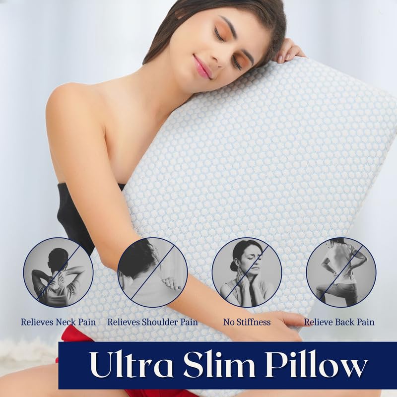 Dormyo Ultra Thin Orthopedic Ergonomic Memory Foam Pillow with with Premium Washable 400 GSM Cover and 200 GSM Inner Cover, Size (25.5" x 16.5" x 1"). (Pack of 1)