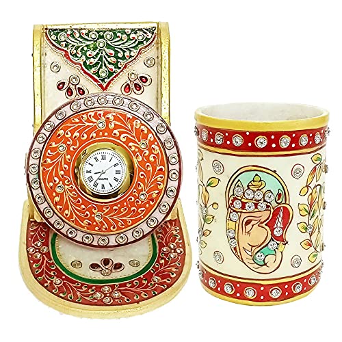 Handicraft Kingdom Mobile Holder for Bed While Sleeping | Marble Phone Stand with Inbuilt Small Clock & Pen Organizer for Home & Office Desk | Approx Size (4.5 Inch) & Wt (800 Gm) Pack of 2