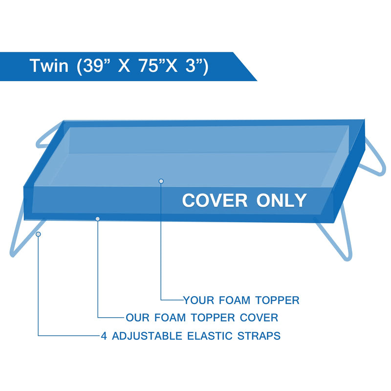 Mattress Topper Cover (Only Cover) 3 Inch Twin Size Mattress Protector Cooling Bamboo Rayon Zippered Mattress Encasement with Adjustable Straps Memory Foam Mattress Topper Cover