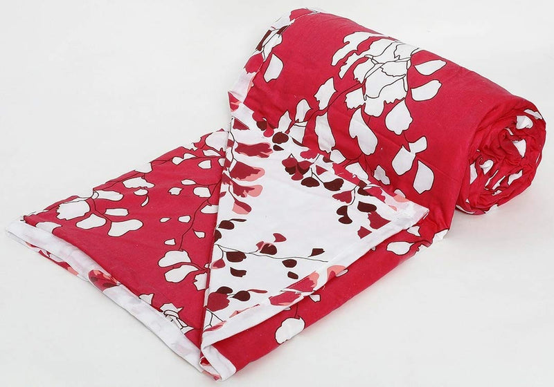 Trance Home Linen Cotton Malmal Double Dohar, 84x88 Inches (Red Abstract Leaves)