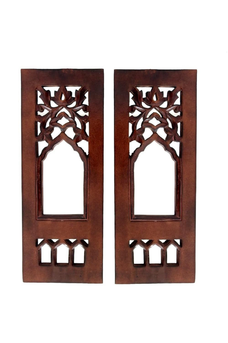 SPACE WOOD Wood Painted Wall Hanging Jharokha Inside Mirror, Wooden Wall Hanging, Wall Panel (12x4) inches Set of Two.(Brown), Rectangular, Framed (Design 2)