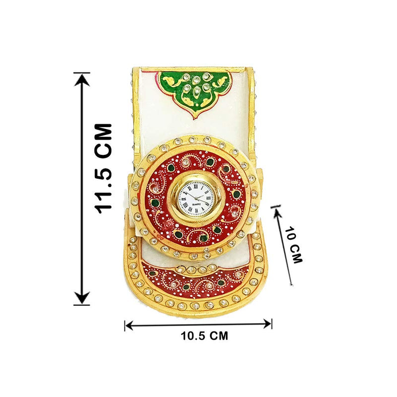 Marble Mobile Holder| Rajasthani Meena Kundan Work Clock Cum Stand for Home| Designer Printed Phone Table Top with Watch for Office by Handicraft Kingdom (H 11.5 Cm X L 10.5 Cm X W 10 Cm)